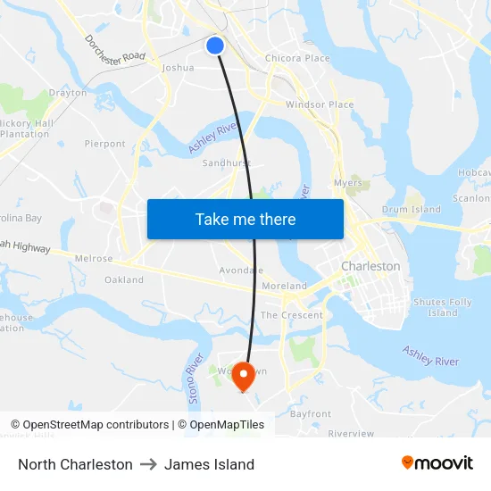 North Charleston to James Island map