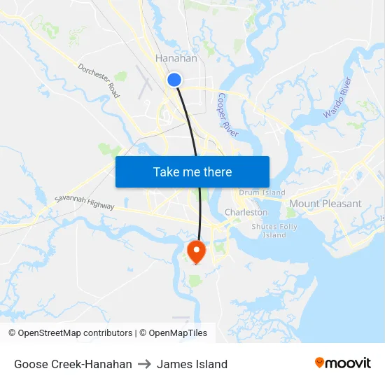 Goose Creek-Hanahan to James Island map