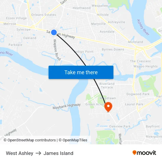 West Ashley to James Island map