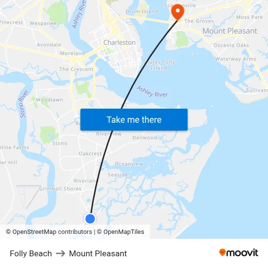 Folly Beach to Mount Pleasant map