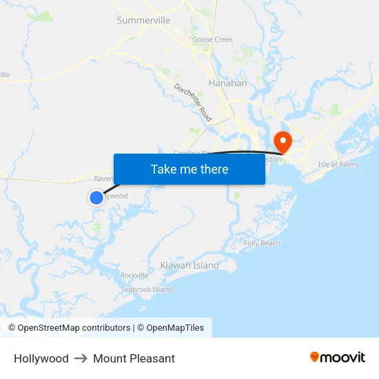 Hollywood to Mount Pleasant map