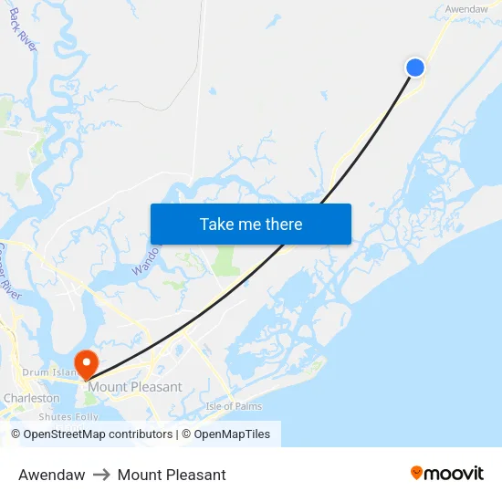 Awendaw to Mount Pleasant map