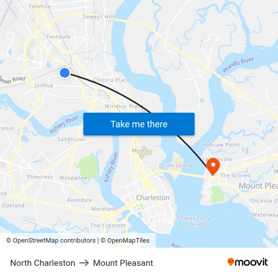 North Charleston to Mount Pleasant map