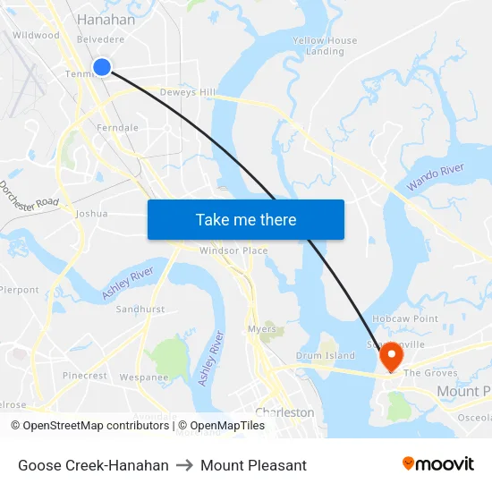 Goose Creek-Hanahan to Mount Pleasant map