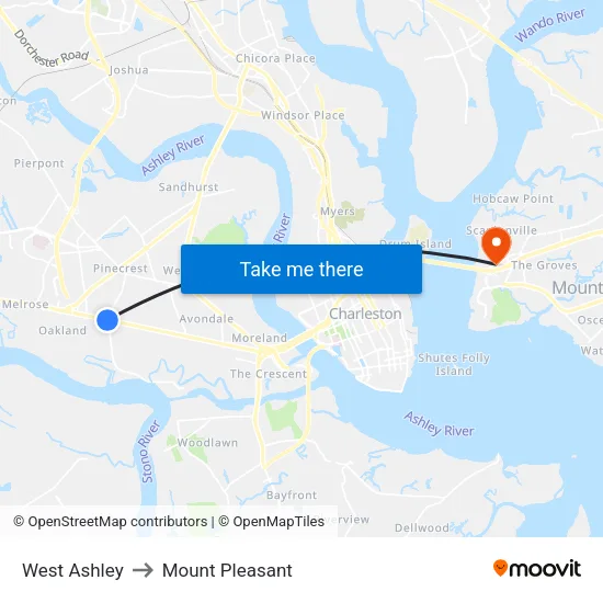 West Ashley to Mount Pleasant map