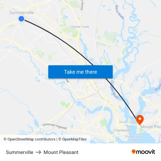 Summerville to Mount Pleasant map