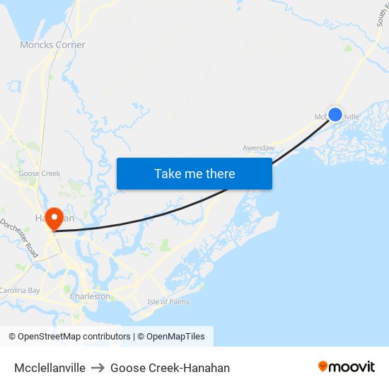 Mcclellanville to Goose Creek-Hanahan map