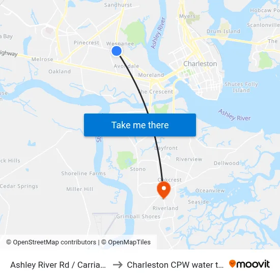Ashley River Rd / Carriage Ln to Charleston CPW water tower map