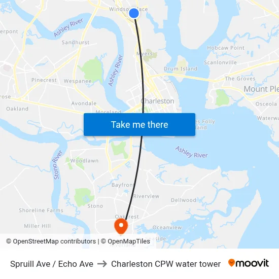 Spruill Ave / Echo Ave to Charleston CPW water tower map