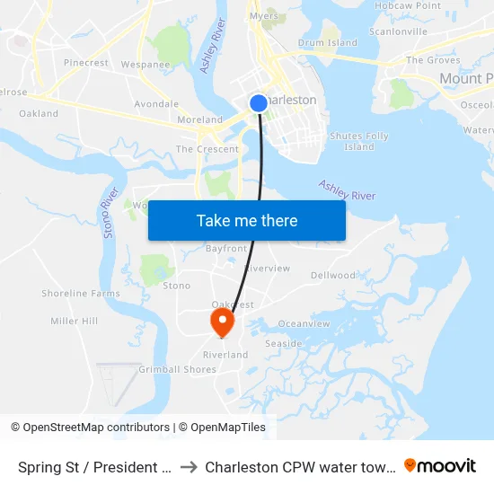 Spring St / President St to Charleston CPW water tower map