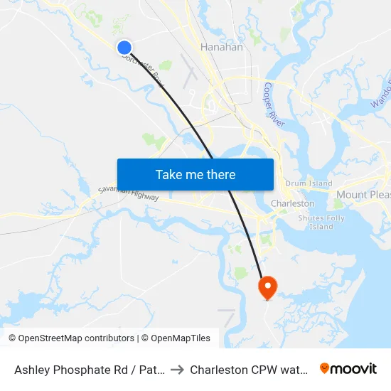 Ashley Phosphate Rd / Patriot Blvd to Charleston CPW water tower map