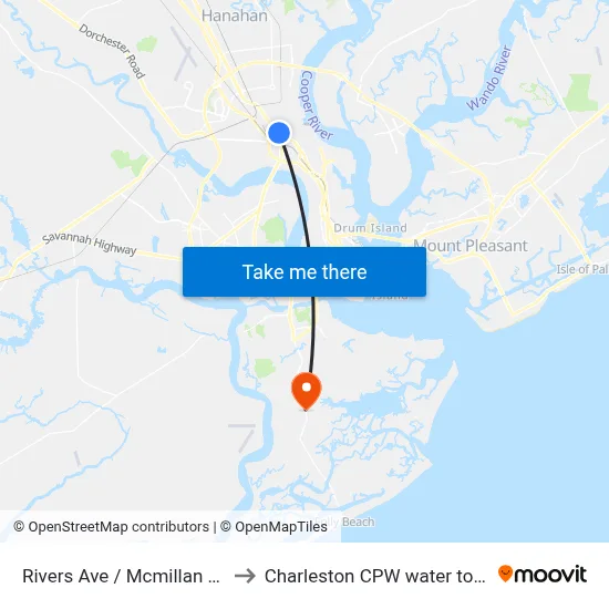Rivers Ave / Mcmillan Ave to Charleston CPW water tower map