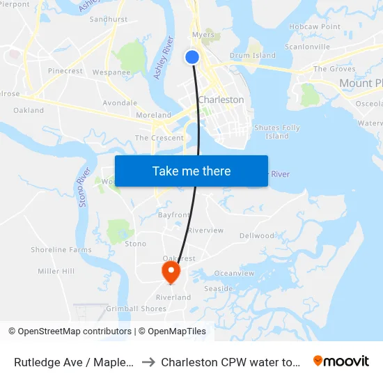 Rutledge Ave / Maple St to Charleston CPW water tower map