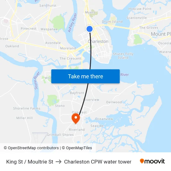 King St / Moultrie St to Charleston CPW water tower map