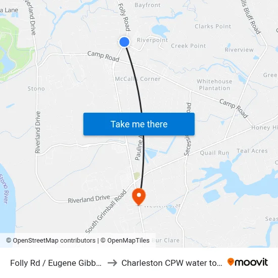 Folly Rd / Eugene Gibbs St to Charleston CPW water tower map