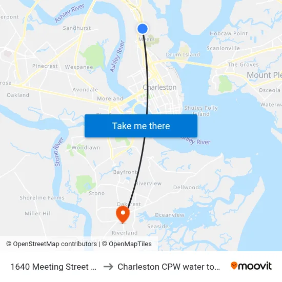 1640 Meeting Street Rd to Charleston CPW water tower map