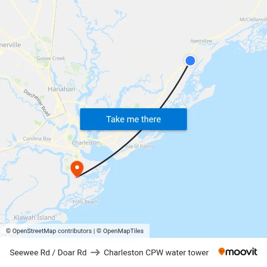 Seewee Rd / Doar Rd to Charleston CPW water tower map