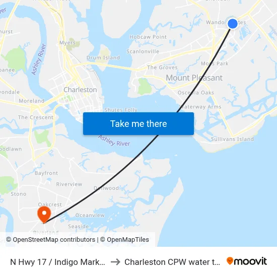 N Hwy 17 / Indigo Market Dr to Charleston CPW water tower map