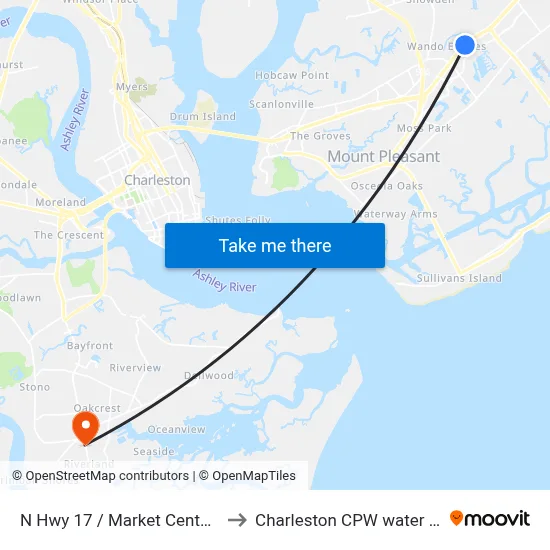 N Hwy 17 / Market Center Blvd to Charleston CPW water tower map