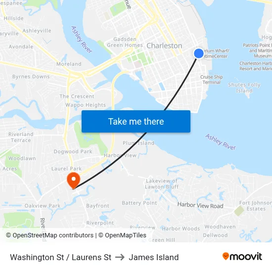 Washington St / Laurens St to James Island map