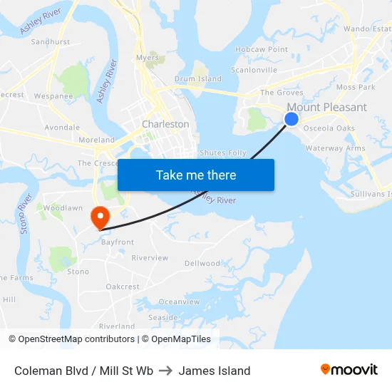 Coleman Blvd / Mill St Wb to James Island map