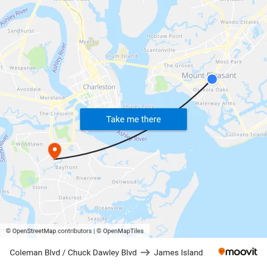 Coleman Blvd / Chuck Dawley Blvd to James Island map