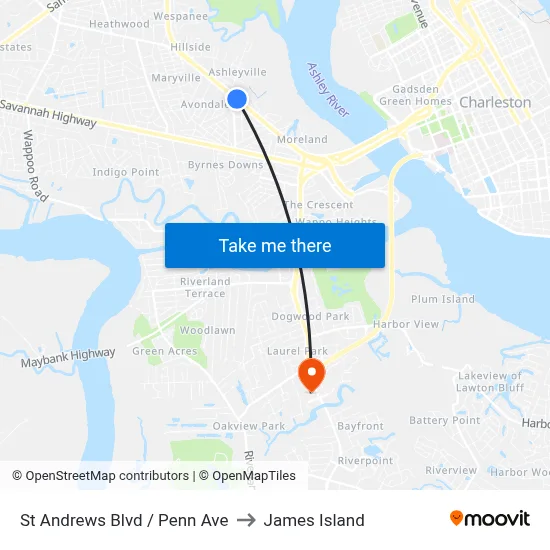 St Andrews Blvd / Penn Ave to James Island map