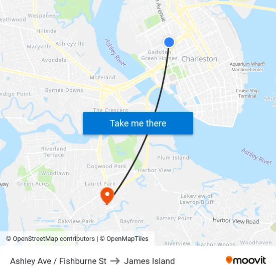 Ashley Ave / Fishburne St to James Island map