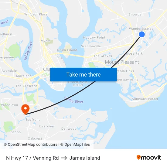 N Hwy 17 / Venning Rd to James Island map