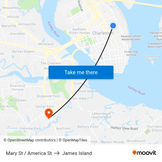 Mary St / America St to James Island map