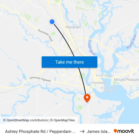 Ashley Phosphate Rd / Pepperdam Ave to James Island map