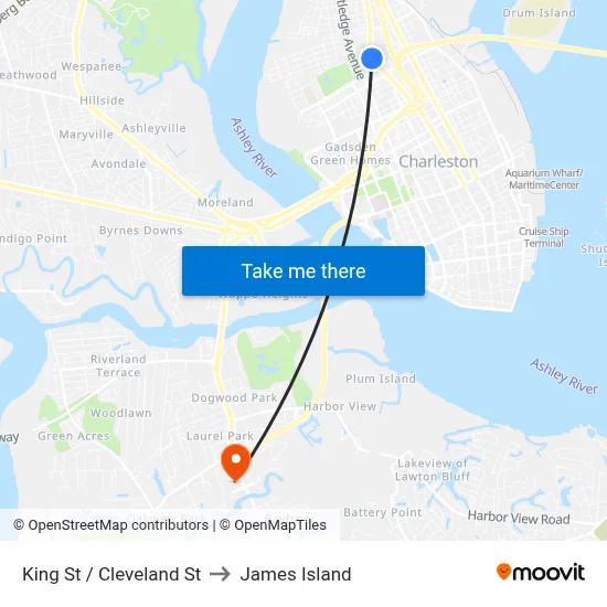 King St / Cleveland St to James Island map