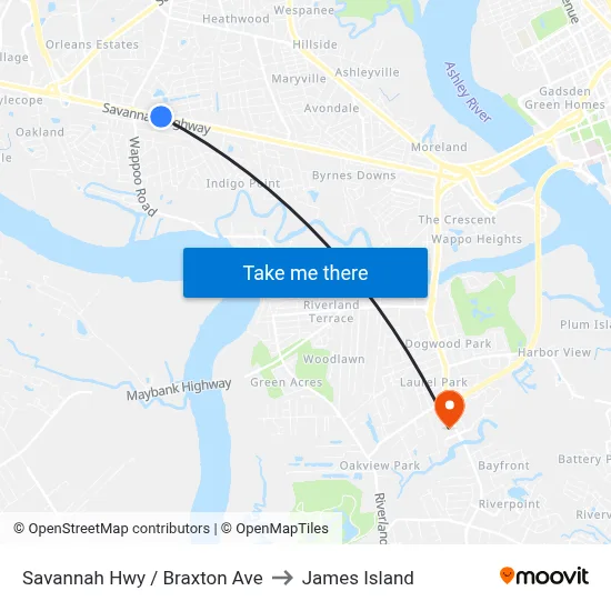 Savannah Hwy / Braxton Ave to James Island map
