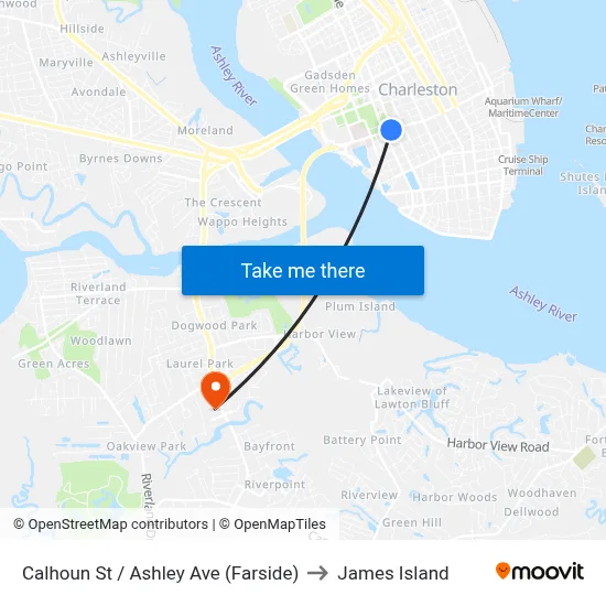 Calhoun St / Ashley Ave (Farside) to James Island map