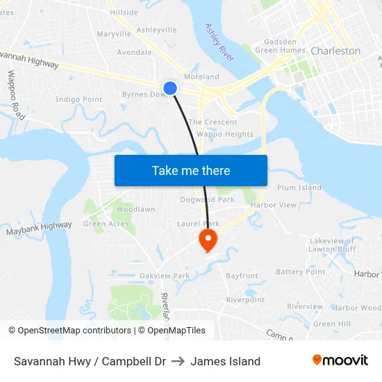 Savannah Hwy / Campbell Dr to James Island map