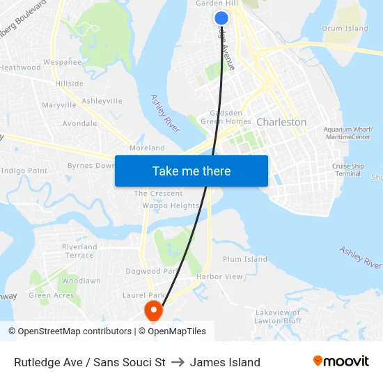 Rutledge Ave / Sans Souci St to James Island map