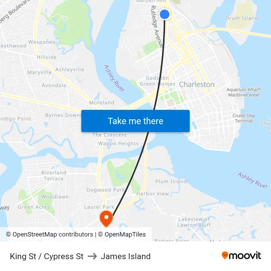 King St / Cypress St to James Island map