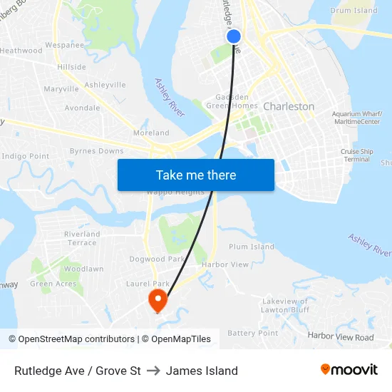 Rutledge Ave / Grove St to James Island map