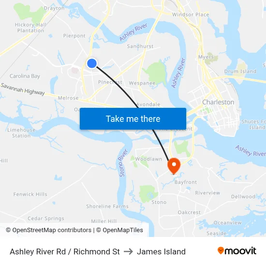 Ashley River Rd / Richmond St to James Island map