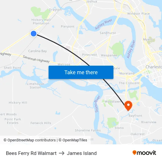 Bees Ferry Rd Walmart to James Island map
