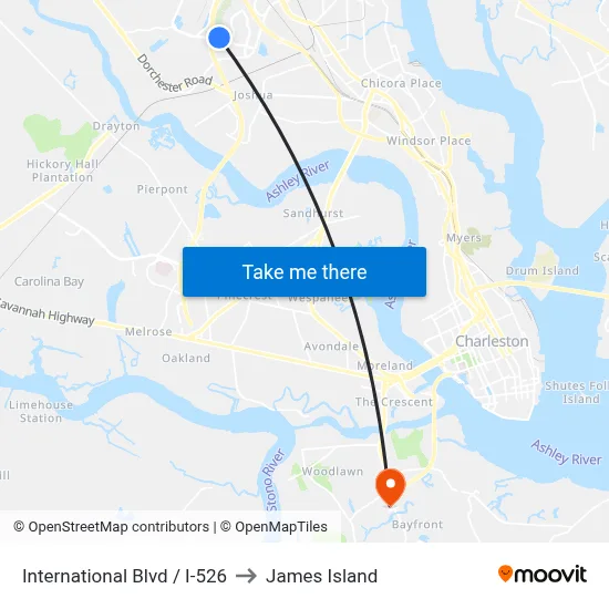 International Blvd / I-526 to James Island map