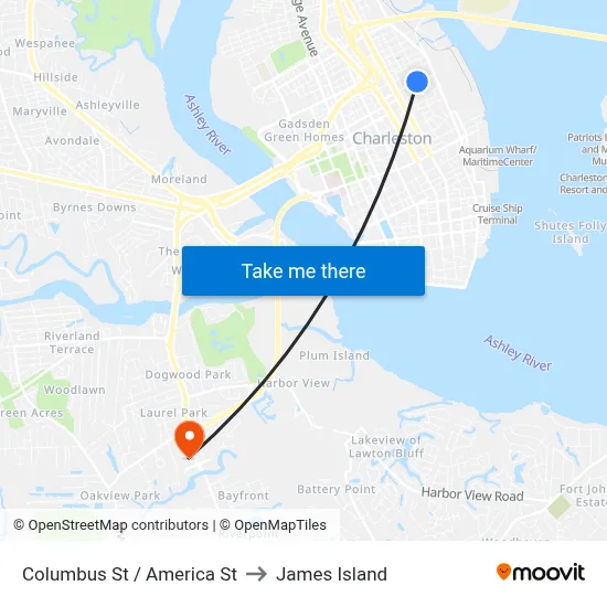 Columbus St / America St to James Island map