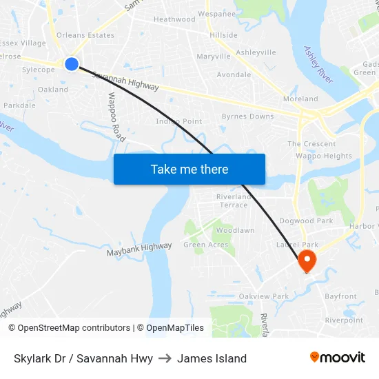 Skylark Dr / Savannah Hwy to James Island map