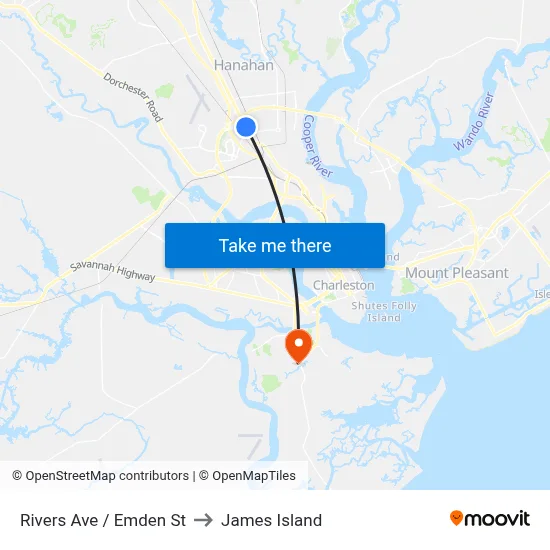 Rivers Ave / Emden St to James Island map
