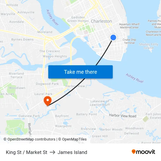 King St / Market St to James Island map