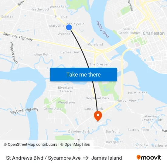 St Andrews Blvd / Sycamore Ave to James Island map