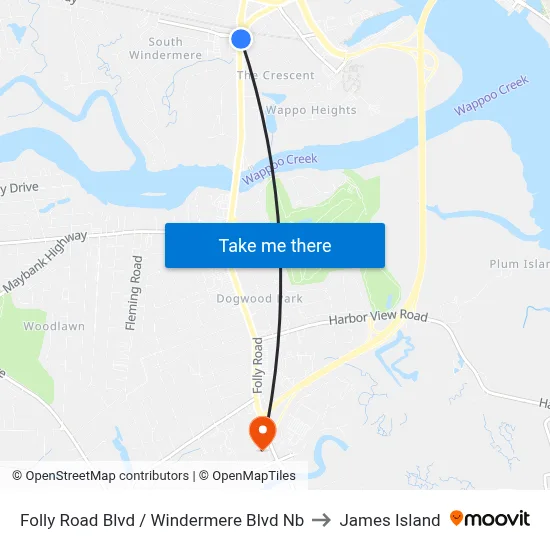 Folly Road Blvd / Windermere Blvd Nb to James Island map