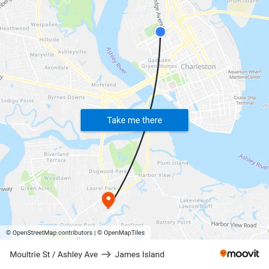 Moultrie St / Ashley Ave to James Island map