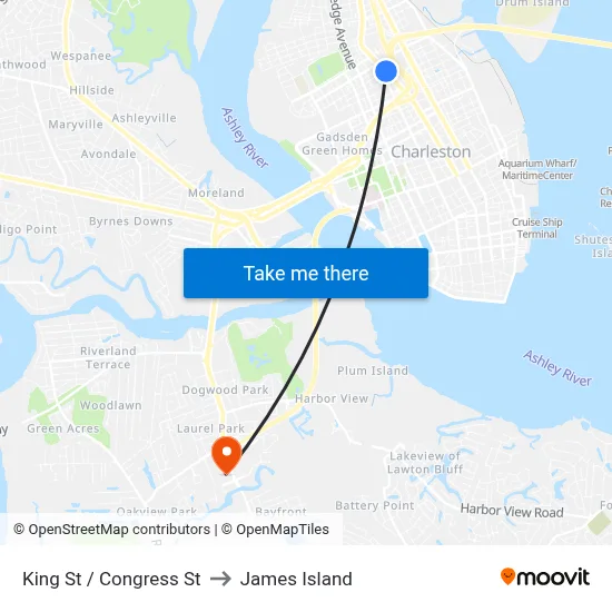 King St / Congress St to James Island map