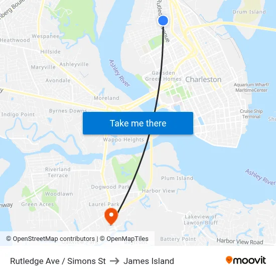 Rutledge Ave / Simons St to James Island map